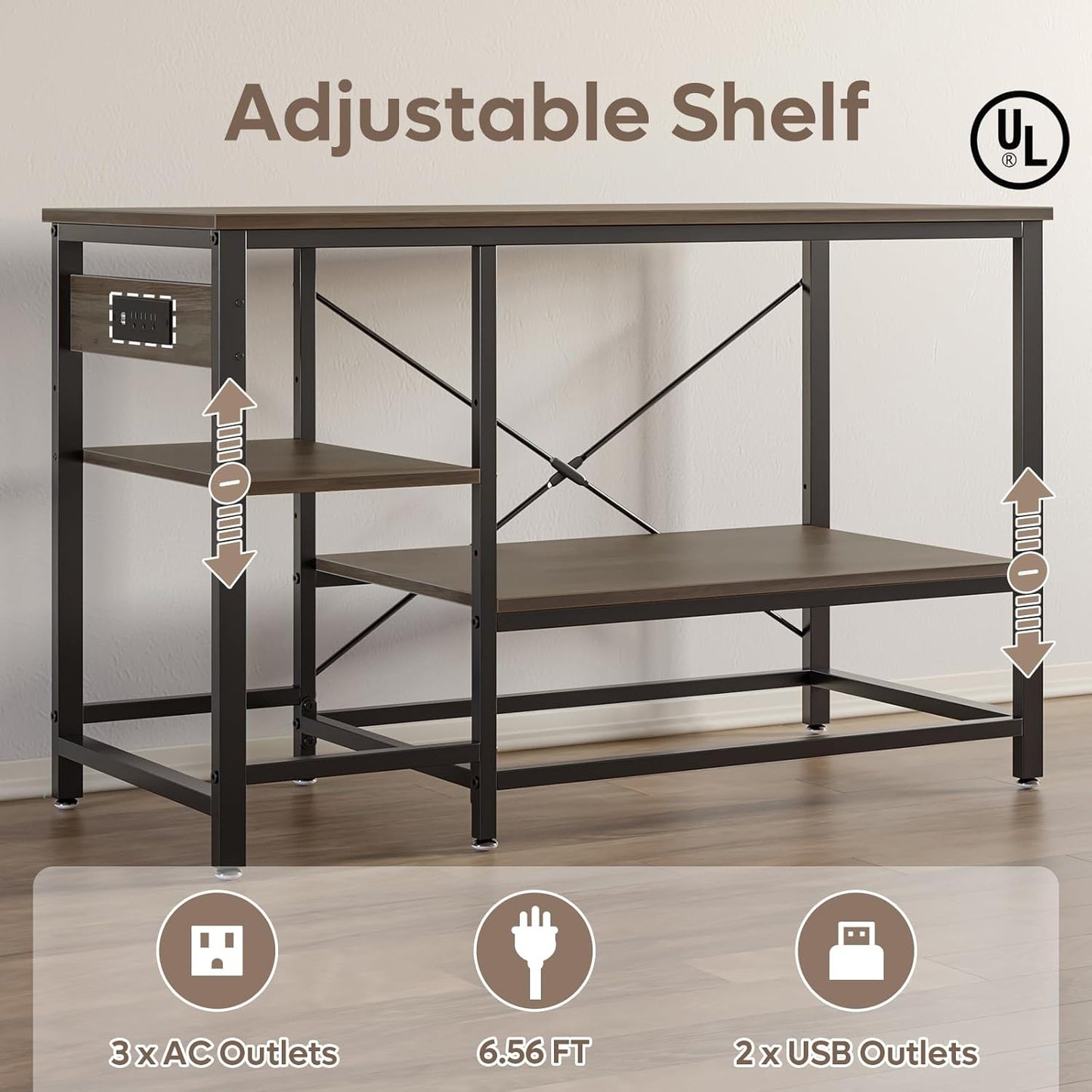 55 Gallon Fish Tank Stand with Charging Station, 49.2x13.8 Metal Aquarium Stand with 3-Tiers Adjustable Storage Shelves, 6-Legs Reptile Terrarium Stand, 700 LBs