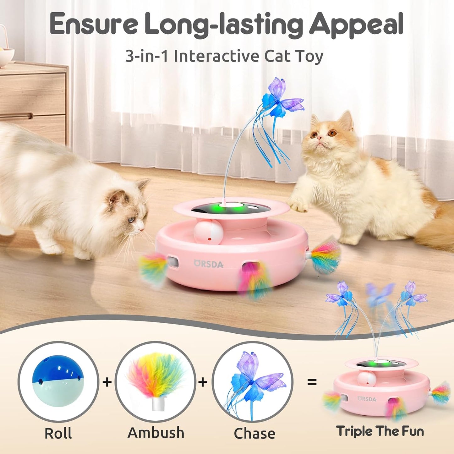 ORSDA Cat Toy, 3-in-1 Automatic Interactive Electronic Moving Ambush Feather, Fluttering Butterfly, Track Balls, USB Rechargeable Powered Smart Indoor Exercise Kicker