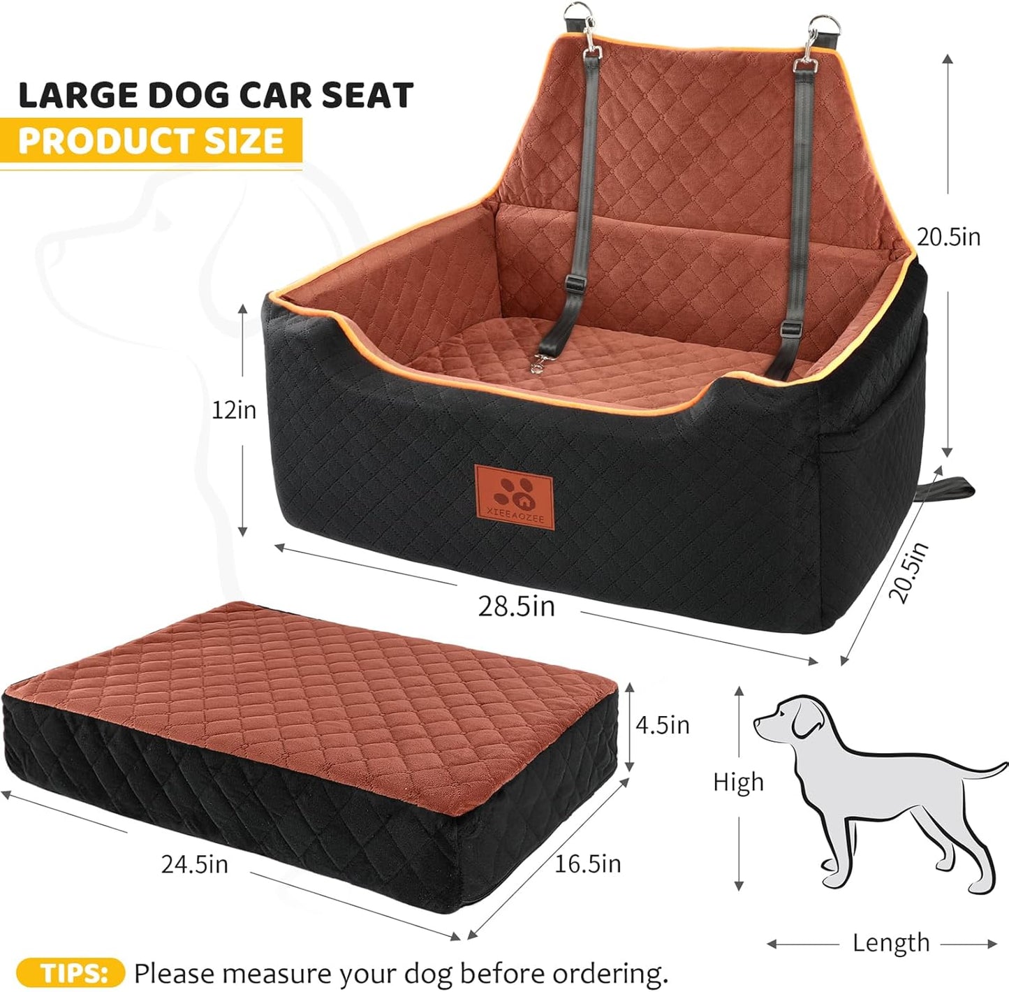 Dog Car Seat for Large/Medium Dog, Booster Seat for Dogs Under 55Lbs or 2 Small, Detachable and Washable Travel Pet Seat with Thick Cushion and Storage Pockets (Black/Brown)