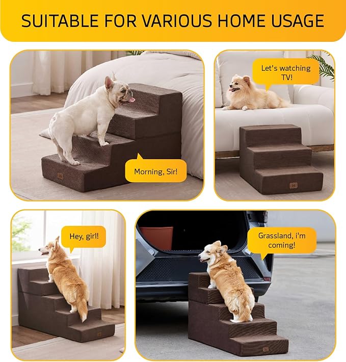 Dog Stairs for High Bed, Dog Steps for Bed Couch Sofa, 35D Foam Pet Steps for Small Dogs and Cats, Extra Wide Pet Stairs with Non-Slip Bottom Brown, 5 Steps