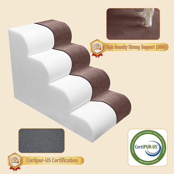 PAWSCART Dog Stairs for Small Dogs and Cats, 4-Step Dog Steps for Bed, 19.6" H Pet Stairs for High Bed, Pet Ramp for Couch, Sofa, Non-Slip Surface Removable Washable Cover, Brown