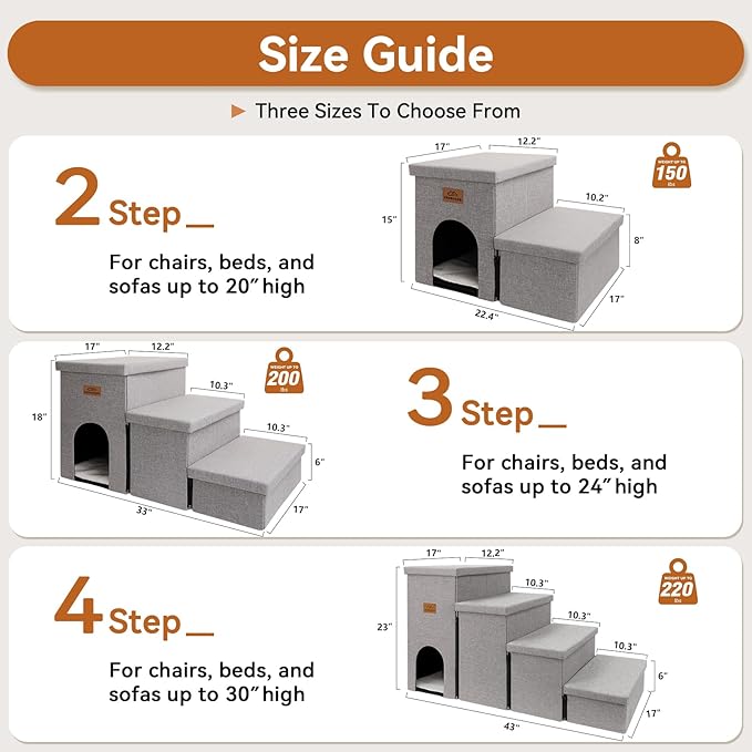 Dog Stairs 18" H, 3-Step Wider Dog Steps for High Beds Couch, Folding Storage Pet Stairs Gift for Small/Medium/Large Old Dogs Cats, Ramp for Climbing Car Up to 200 lbs, (Gray, with Condo)