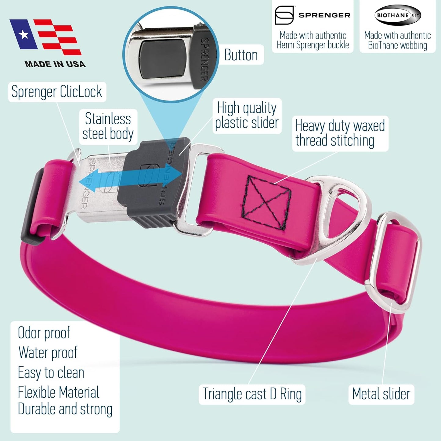 Dogline Biothane Waterproof Dog Collar with Herm Sprenger Stainless Steel Quick Release Buckle – Heavy Duty Tactical Durable Collar for Dogs – Comfortable and Safe Pet Collar, W 3/4" L 12-19", Magenta