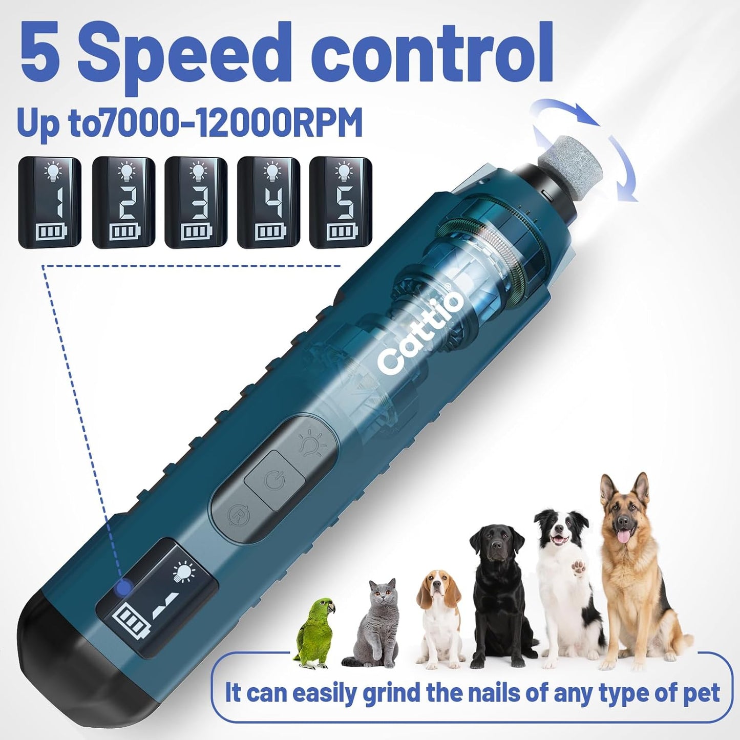 Dog Nail Grinder - Professional Electric Dog Nail Trimmer for Dogs & Cats Quiet Painless Grooming & Smoothing Dog Nail Clipper & File Included - Suitable for Small Medium Large Pets (Dark Blue)