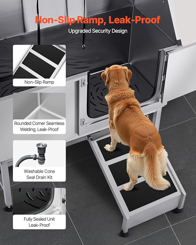 VEVOR Stainless Steel Dog Washing Station, Professional 62 inch Pet Grooming Tub w/Ramp, PE Water Filter Board, Faucet & Showerhead & Soap Holder Bathtub for Large & Medium & Small Pets (Right Door)