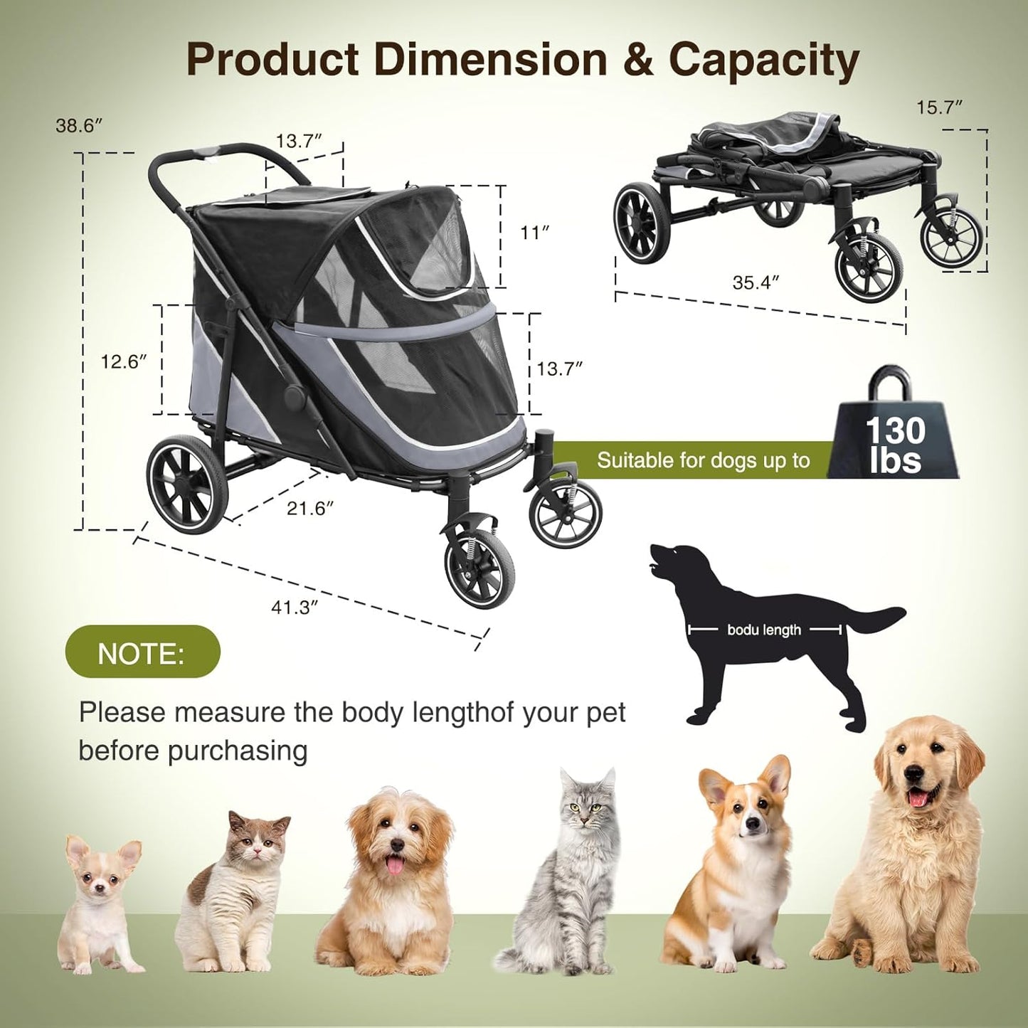 Dog Stroller for Medium/Large Dogs One-Click Folding, Extra Large Pet Stroller for 2 Dogs with Storage Pocket & Shock Absorption, Up to 130 lbs, Grey