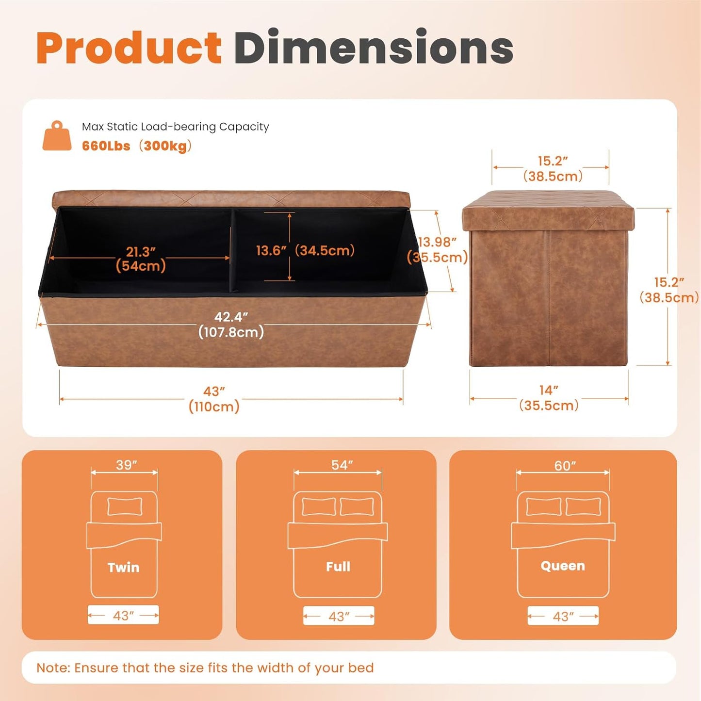 Sweetcrispy 43 Inches Folding Ottoman with Storage Bench, Foot Rest Stool, End of Bed Storage Bench Upholstered, Load 660 lbs, for Living Room, Synthetic Leather, Brown