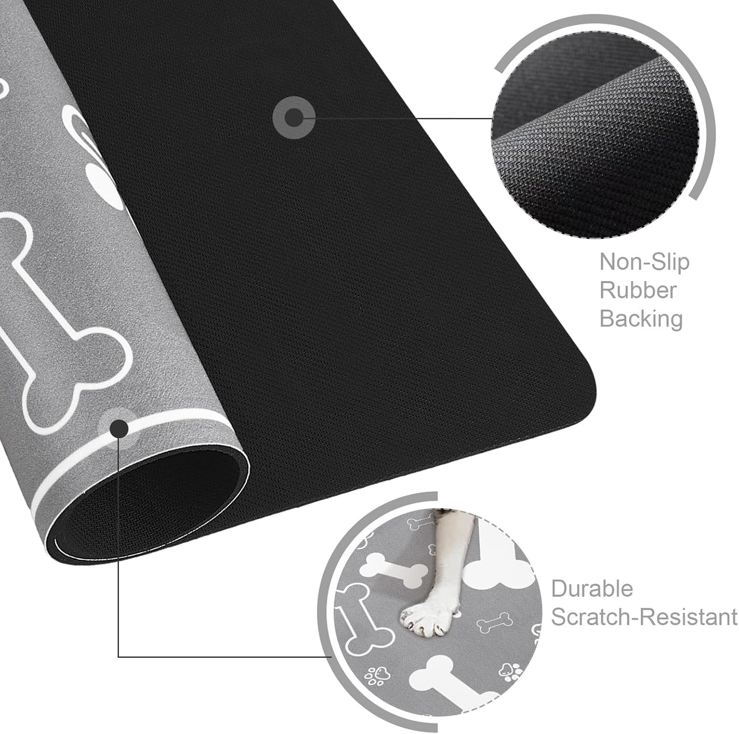 Pet Feeding Mat,Rapid Absorbent Mats for Dog Cat Food, Dog Placemat Water Bowl Mat with Rubber Backing,Messy Drinkers to Protect Floors, Pet Accessories 16"×24" Grey