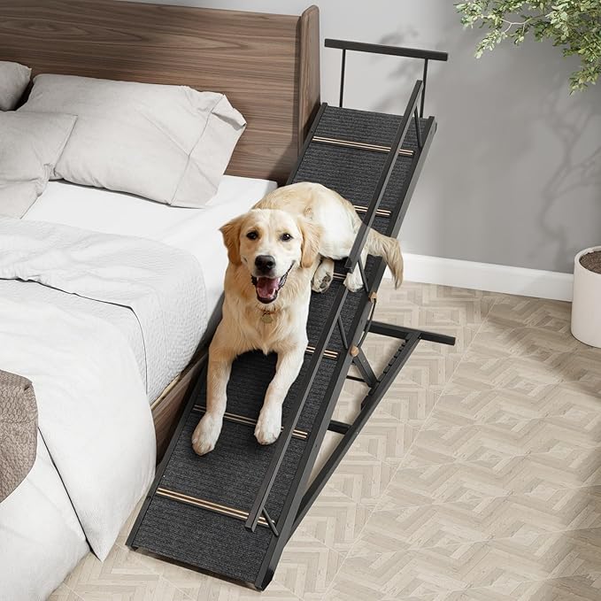 Pet Ramp Folding Portable Wooden Dog & Cat Ramps for Couch or Bed, Including Non Slip Mat & Safety Side Rails, 64.2 Inch Long and Height Adjustable from 13.4 Inch to 38 Inch Up to 110 Lbs