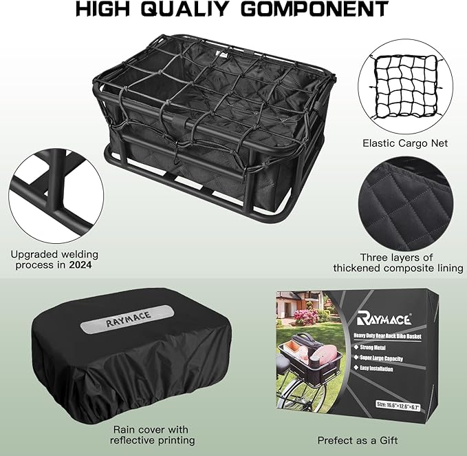 RAYMACE Rear Rack Bike Basket with Cargo Net and Liner Large Bicycle Basket Perfect Mount for Electric Bike
