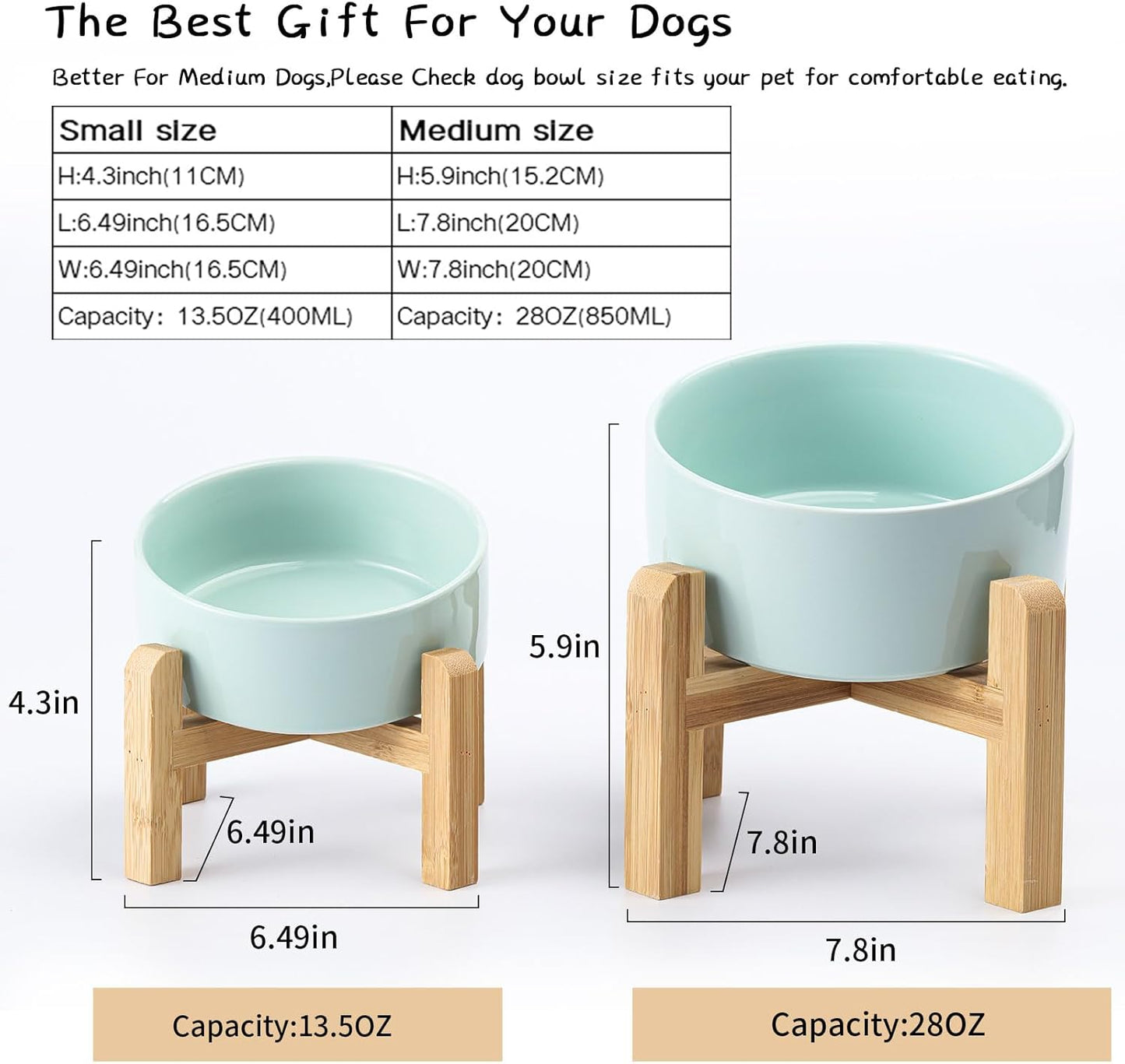 Petygooing 28 OZ Elevated/Raised Ceramic Dog Bowl for Small and Medium Breeds, Dog Food Water Dish with Stand,Pet Feeding Bowl with Anti Slip Rubber for Cats Small and Medium Dogs (3.6 Cups) Blue Sky