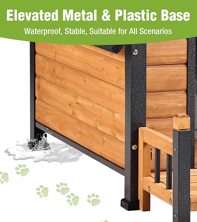 GUTINNEEN Dog House Outdoor Weatherproof with Porch, Puppy Shelter Indoor with Anti-Bite Design, PVC Curtain, Asphalt Roof, Elevated Waterproof Base, for Small to Medium Dogs - Brown