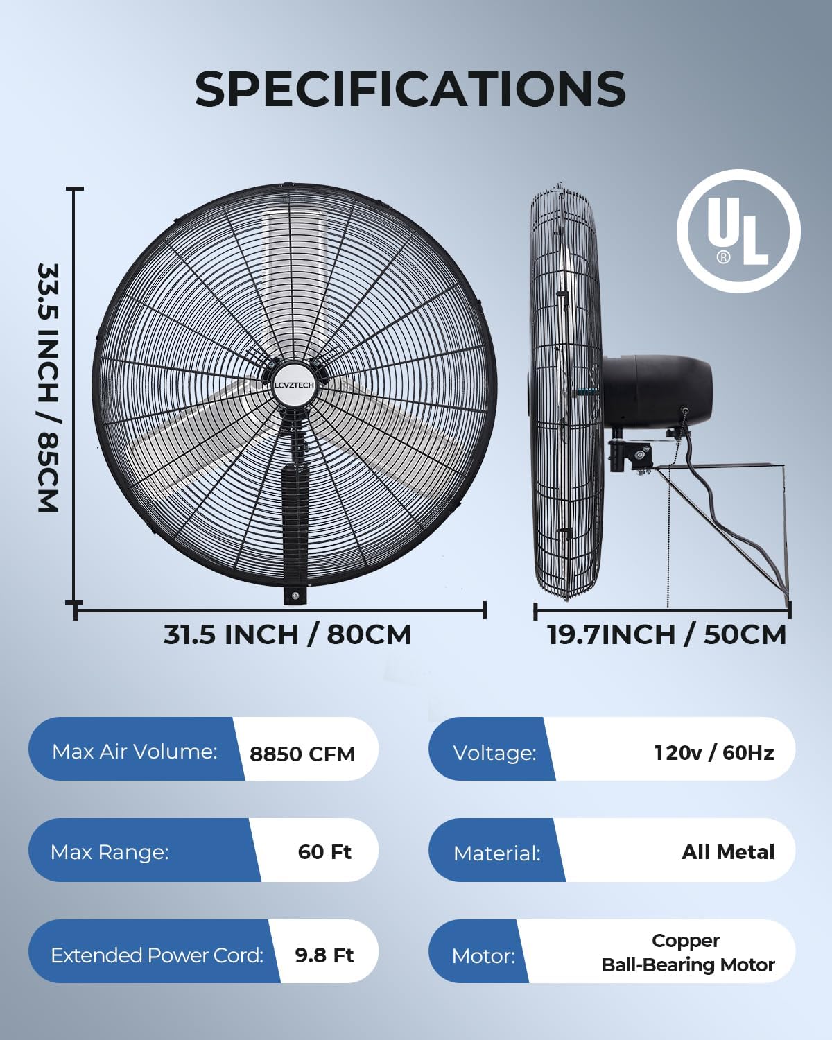 30 inch Wall Mount Fan Oscillating, 3-Speed 8850 CFM High Velocity Industrial Wall Mounted Fan, Heavy Duty Air Circulator for Garage, Shop, Gym, Workshop, Covered Patio - UL Listed