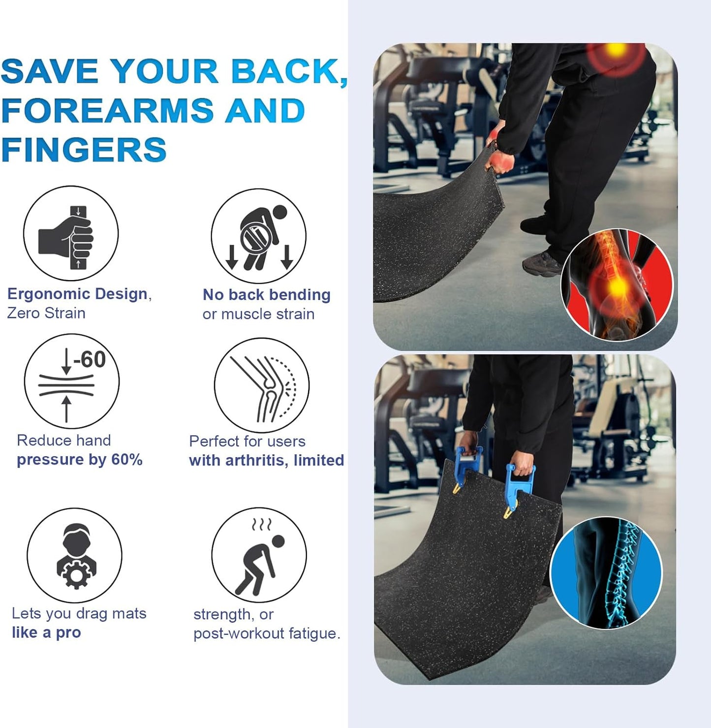 Heavy Duty Stall Mat Grippers - Pair of 2 Mat Movers Tool for Horse Stalls, Gym, Barn, and Trailer, Makes Moving Rubber Mats Easier, Saves Your Back and Hands