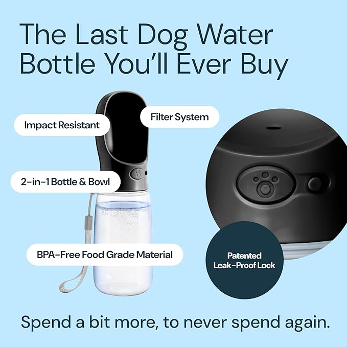 MalsiPree Trail Water Bottle for Dogs - 12oz, Black - Portable Dog Water Bottle & Bowl with Leak-Proof Plug, Food-Grade Plastic & One-Hand Operation for Pet Travel & Hiking