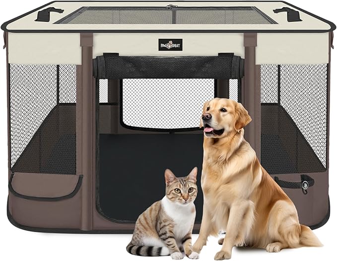 Foldable Pet Kitten Playpen, Upgrade Waterproof Portable Cat Dog Playpen Kennel Tent for Small Dog Cat, Removable Shade Cover, Come with Free Carrying Case, Indoor Outdoor Use for Small Pet, Brown
