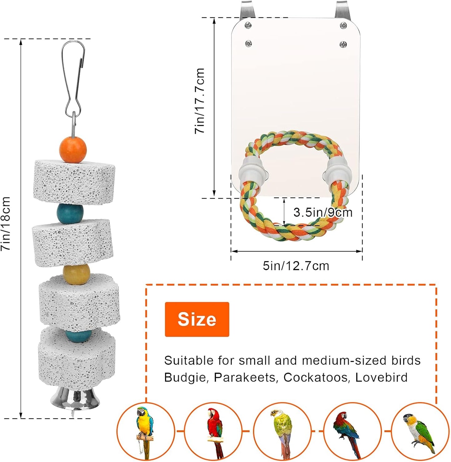 AHIER 7 Inch Bird Mirror with Rope Perch, Bird Toys Swing Parrot Grinding Stone with Bell for Parakeet Cockatoo Cockatiel Lovebirds Canaries
