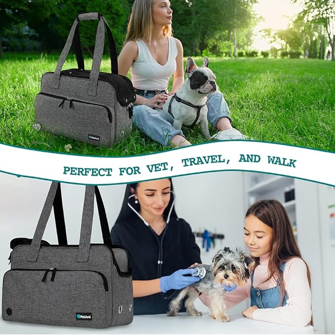 PetAmi Small Dog Purse Carrier, Soft-Sided Pet Carrier Bag with Pockets, Portable Puppy Cat Travel Handbag Tote, Airline Approved Breathable Mesh, Poop Bag Dispenser, Sherpa Bed, Max 18 lbs, Dark Gray