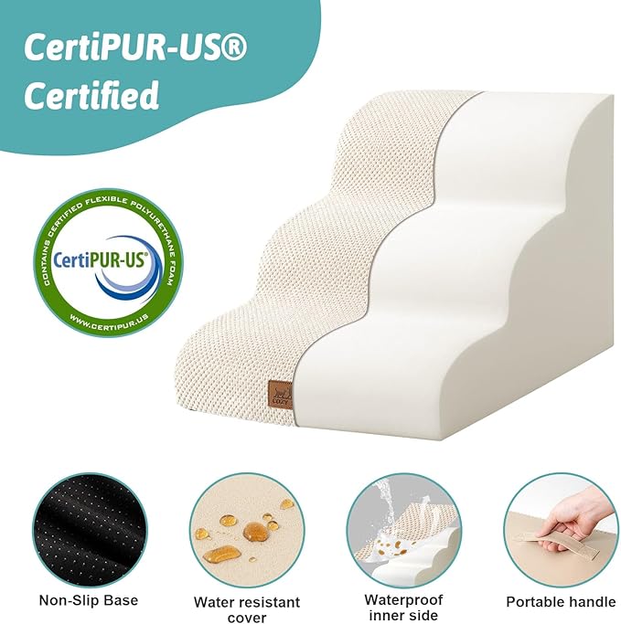 Dog Stairs for Small Dogs 15.7" H, Curved Dog Step for Puppy, Older Cat, Medium Pet Ramp for Sofa, Couch or Chair, Ladder with High Density Foam, 15.7x22.4x15.7 inch, 3 Step, Beige