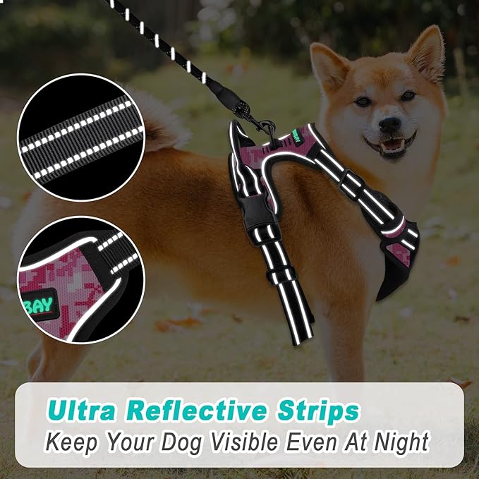 BARKBAY No Pull Dog Harness Large Step in Reflective Dog Harness with Front Clip and Easy Control Handle for Walking Training Running(Pink camo,L)