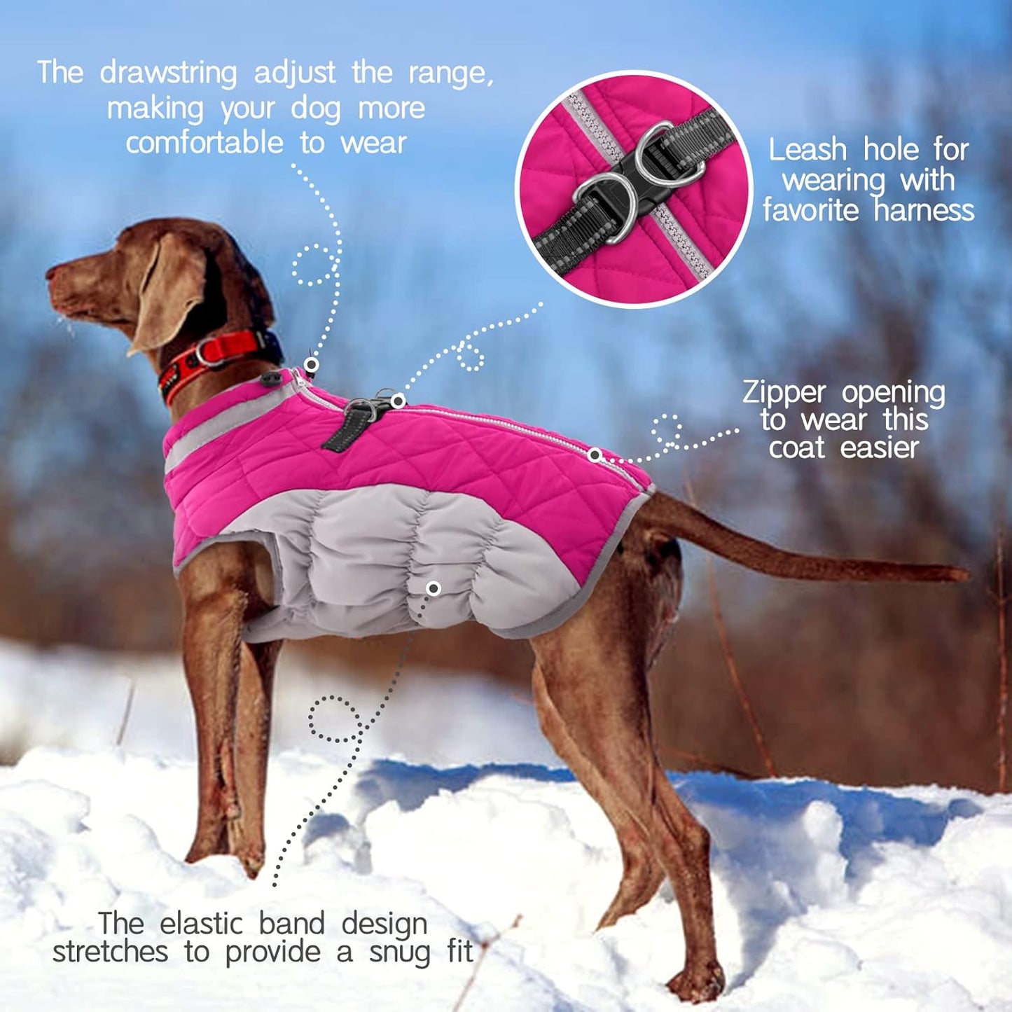 FUAMEY Dog Coat, X-Large, Pink, Faux Fur, Turtle Neck, Zipper, Water Resistant, Reflective, Windproof, Fitted for Large Breeds