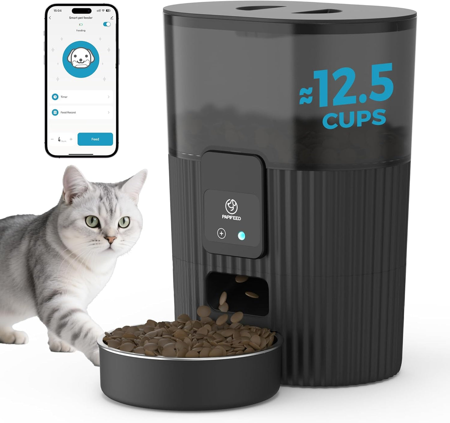 PAPIFEED Automatic Cat Feeder 3.5L/15 Cup 2.4G WiFi Pet Feeder for Dog Work with Alexa & Echo Timed Cat Food Dispenser for Remote Feeding with Stainless Steel Bowl up to 10 Meals Per Day with APP