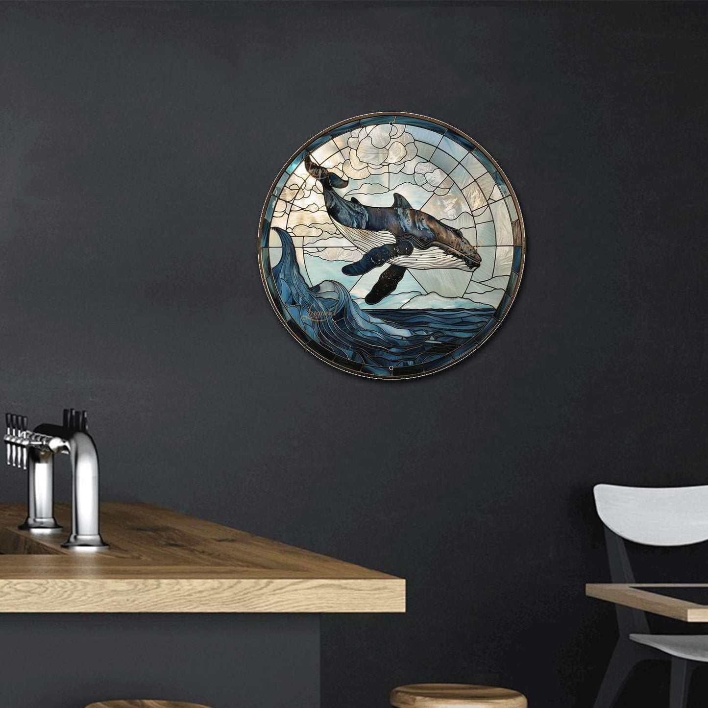 Lygond Metal Sign Tin Sign Circular Stained Glass Whale Sign for Garden for Restaurant 12×12 Inches