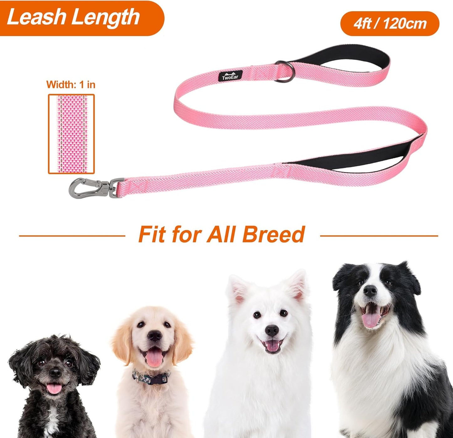 TwoEar 6FT 1IN Strong Pink Dog Leash with 2 Padded Handles, Traffic Handle Extra Control, Comfortable Soft Dual Handle, Auto Lock Hook, Reflective Walking Lead for Small Medium and Large Dogs