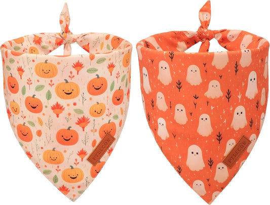 PTDECOR Halloween Dog Bandana, Ghost Pumpkin Design Reversible Holiday Dog Scarf, Triangle Halloween Bandanas for Medium Large Dogs Pets (Large)