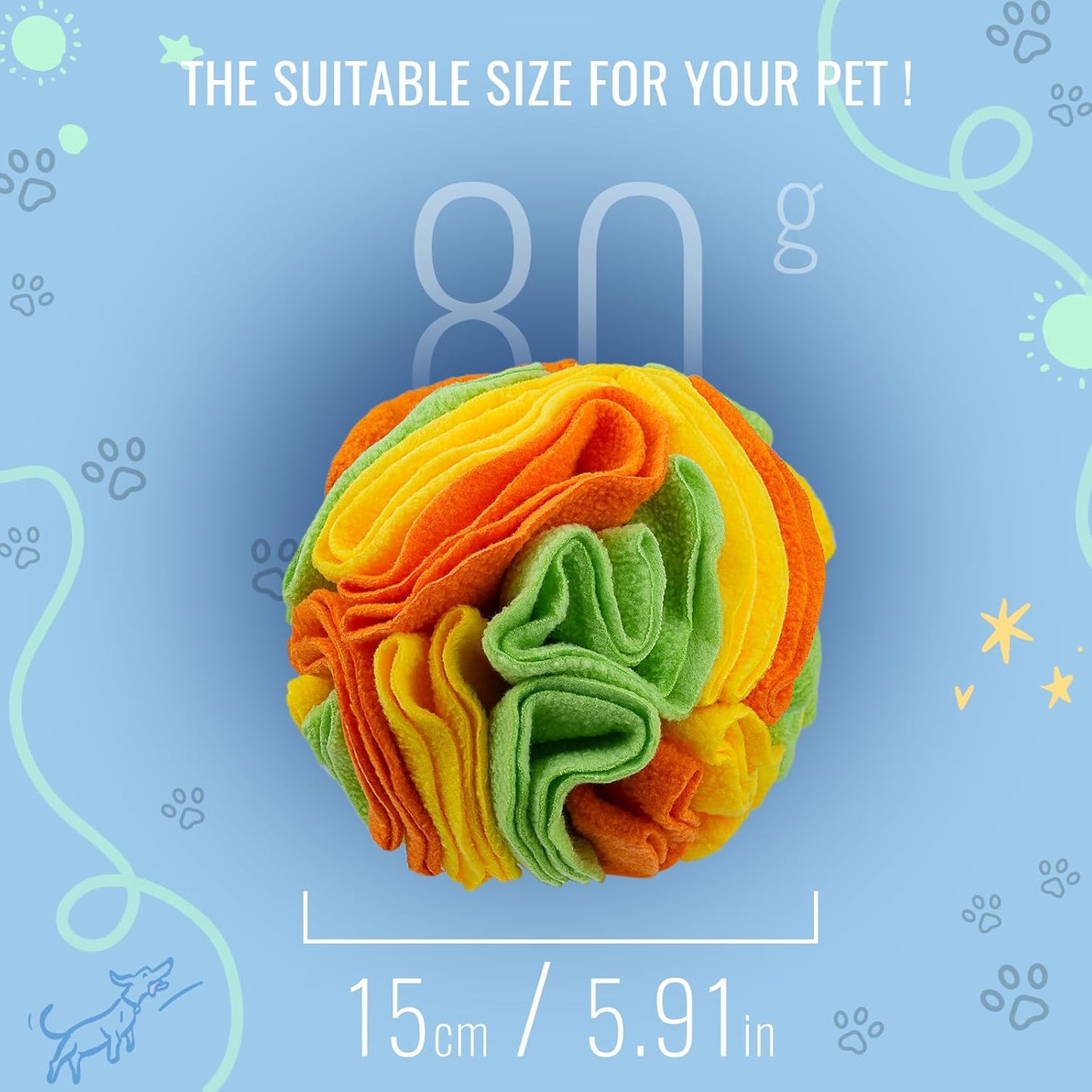 Pet Snuffle Ball, Puzzle Sniffing Interactive Dog Ball for Blind Dogs Training Stress Relief Dog Enrichment Toys Treat Machine Washable (15cm, Yellow Orange Green)