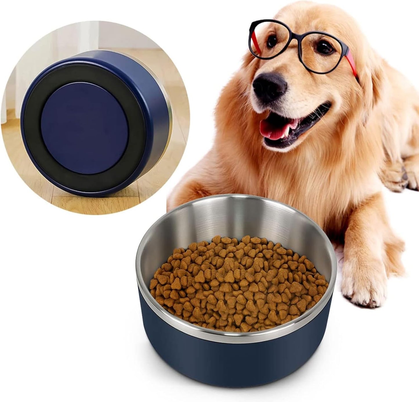IKITCHEN Dog Bowl for Food and Water, 64 Oz Stainless Steel Pet Feeding Bowl, Durable Non-Skid Double Wall Insulated Heavy Duty with Rubber Bottom for Medium Large Sized Dogs (64 Ounces/8 Cup, Blue)