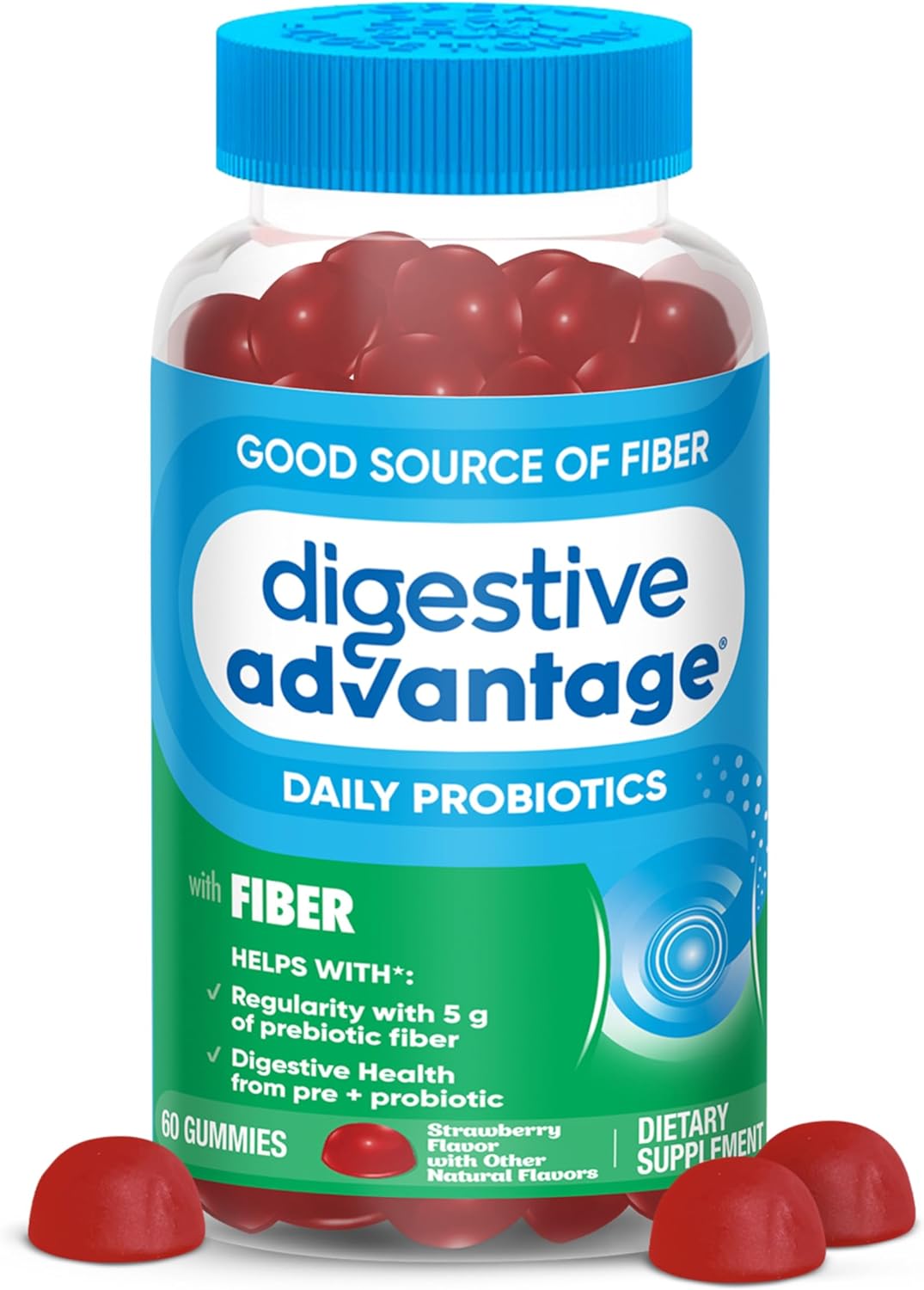 Digestive Advantage Prebiotic Fiber Gummies + Probiotics for Gut Health, 5g Prebiotic Fiber Plus 1 Billion CFU Probiotic, Supports Digestive Health & Regularity, (60ct Bottle) Strawberry Flavor*