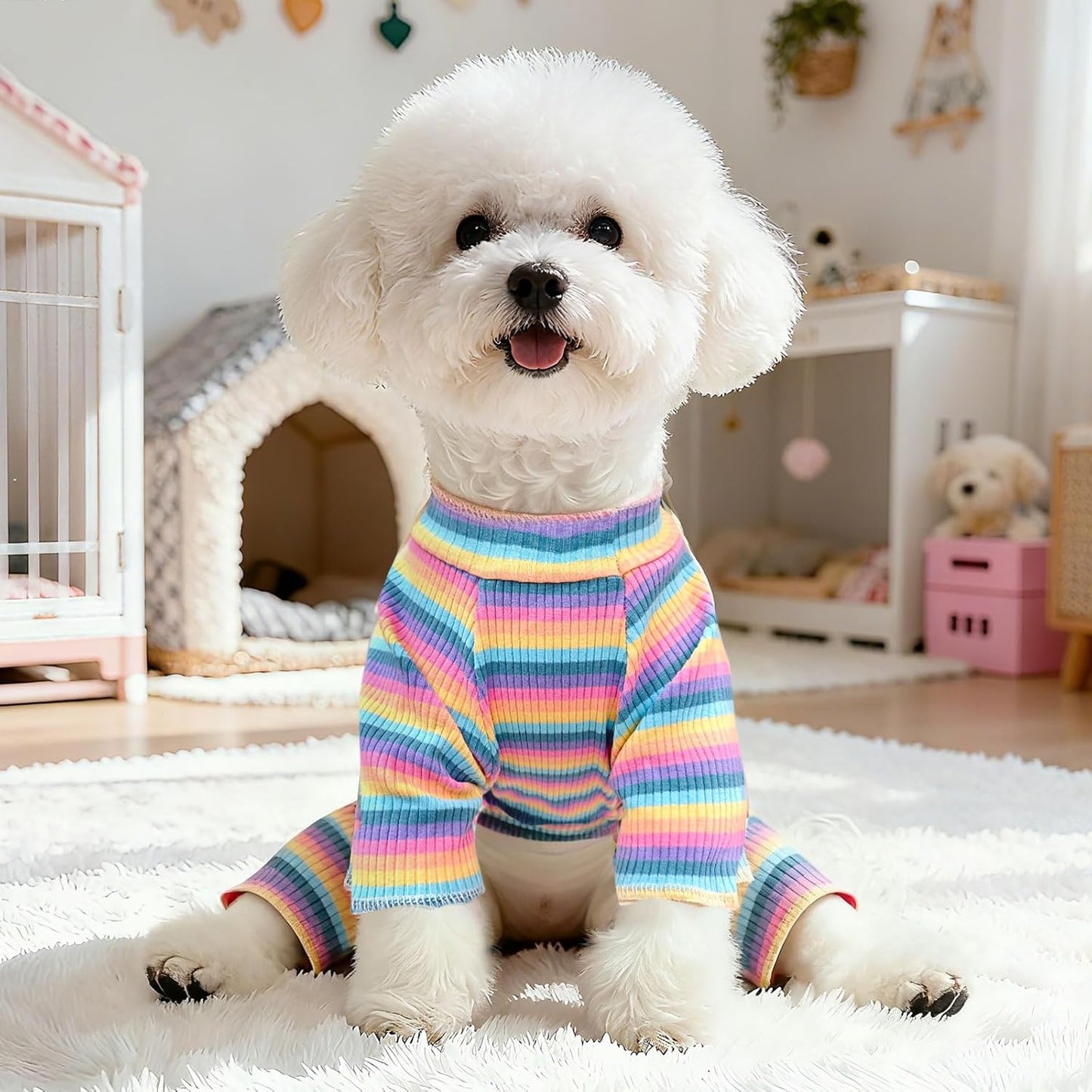 BAEJMJK Striped Dog Pajamas Stretchy Cute Four-Legged Boy Girl Dog Clothes with Sleeves Comfortable Dogs Jumpsuit Colorful Pet Puppy Outfits Apparel for Small Medium Dogs Cats(Pink,Pink,Large)