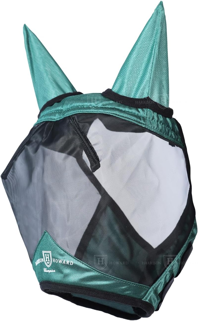 Harrison Howard Pro Luminous Horse Half Face Fly Mask Large Eye Space with Ears UV Protection for Horse Hunter Green M
