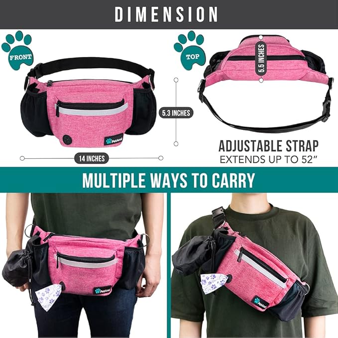 PetAmi Dog Fanny Pack, Treat Pouch for Dog Walking, Training, Built in Poop Bag Dispenser, Water Bottle Holder, Collapsible Bowl, Pet Treat Waist Belt for Hiking, Running, Kibbles (Pink)
