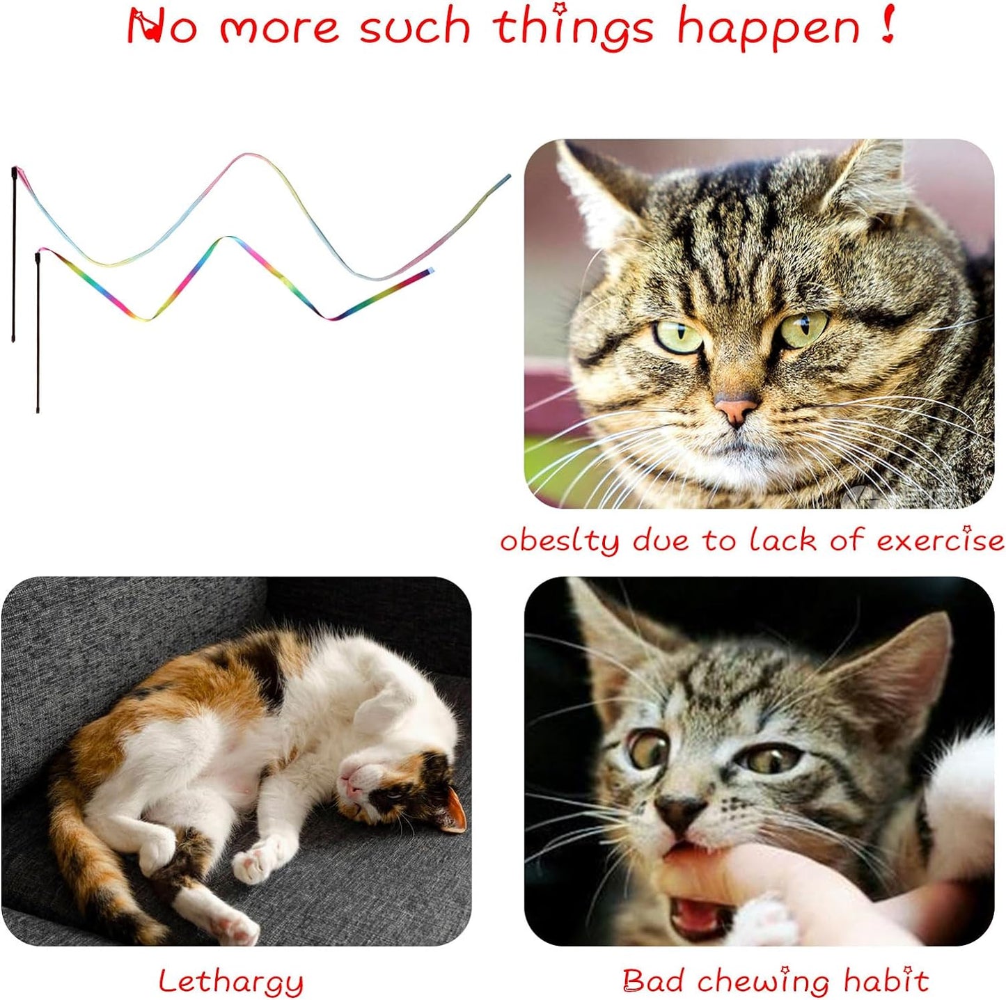 Cat Wand Toys Interactive Kitten Toys for Indoor Cats Colorful Teaser Wand String for Exercise Kitten Stick Kitty Rope Toy Rainbow Ribbon Cat Charmer -2Pcs