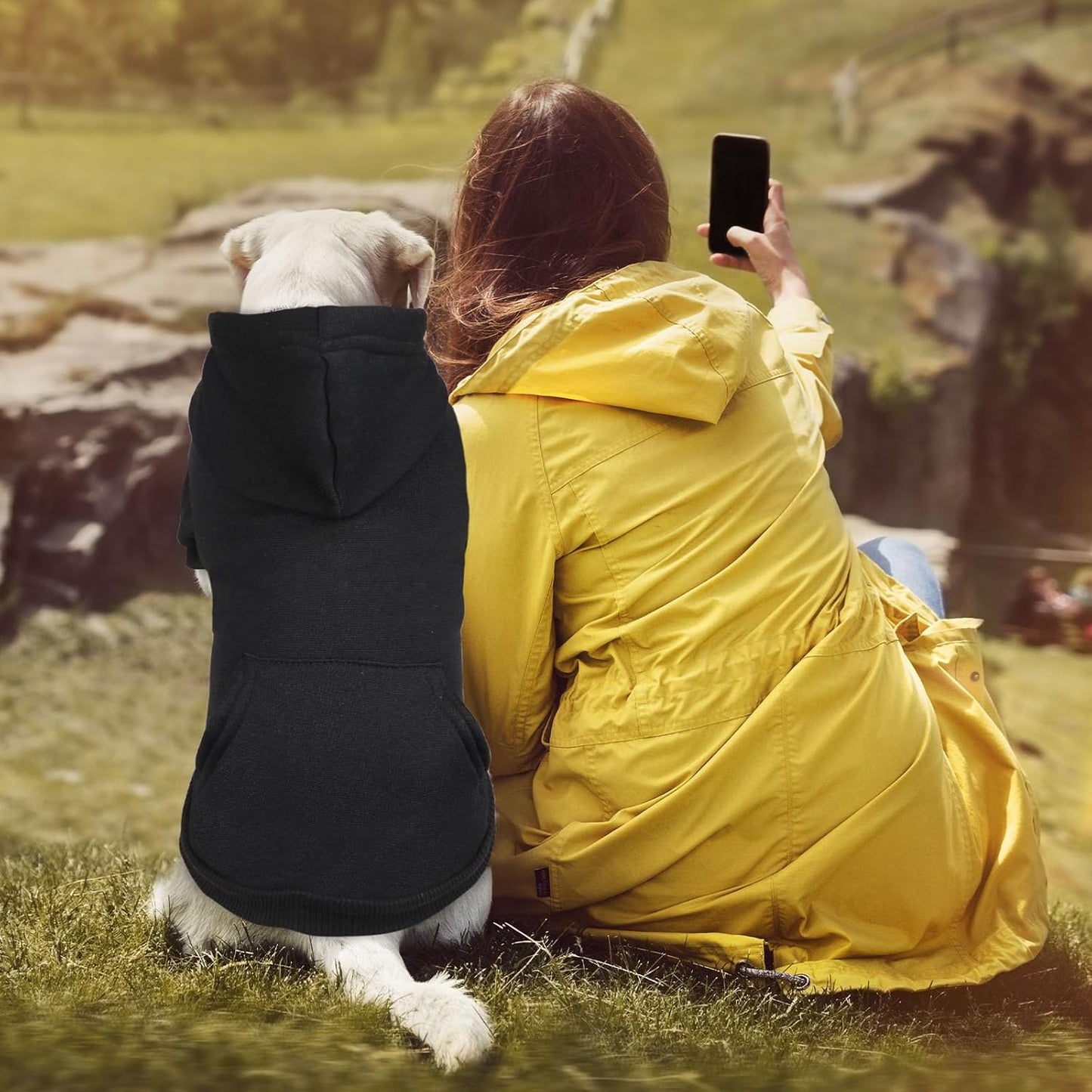 Dog Hoodie Sweater - Soft Solid Brushed Fleece Dog Clothes with Pocket (Black-Large)