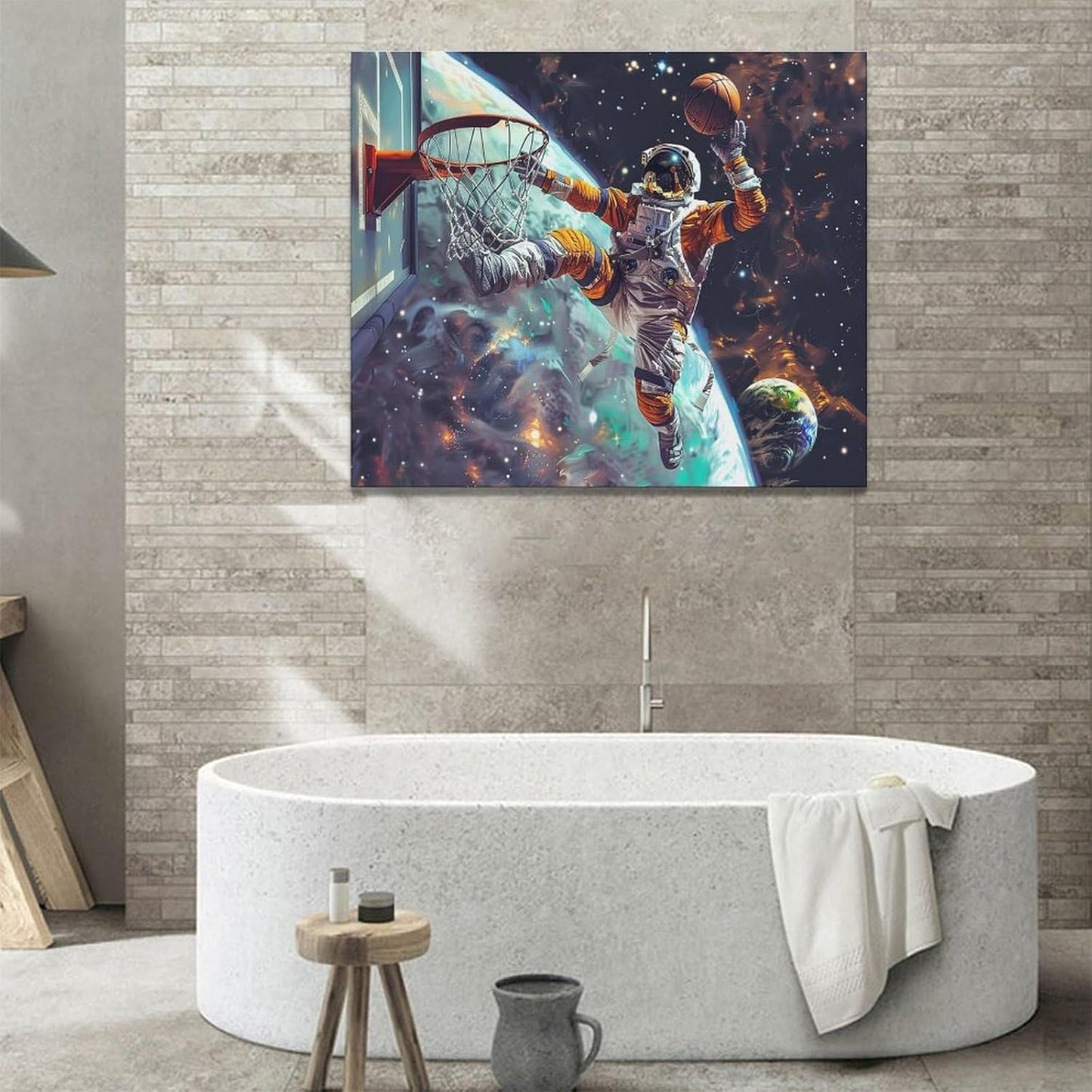 Quorin Astronaut Wall Art Funny Spaceman Basketball Pictures Space Galaxy Planet Wall Decor Canvas Print Painting Artwork for Bathroom Living Room Bedroom 20"x24"
