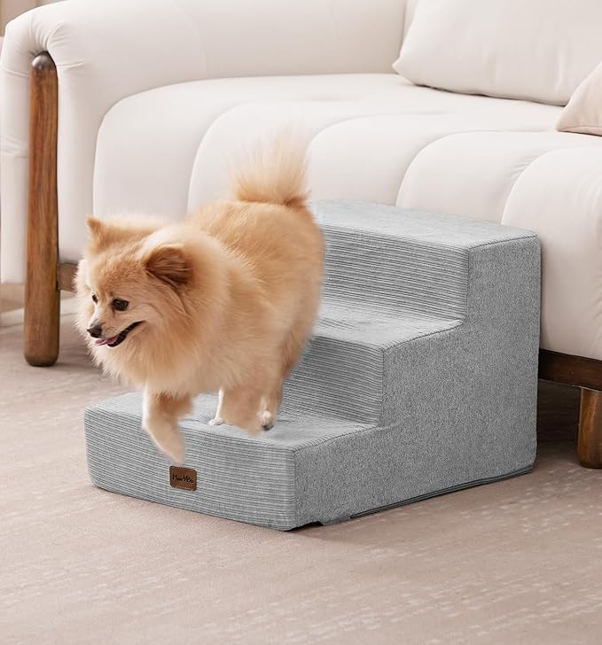 Made4Pets Dog Stairs for Small Dogs, Extra Wide Dog Steps for Bed Couch Sofa and Chair, 35D Foam Pet Steps for Small Dogs and Cats, Non-Slip Bottom Pet Stairs, Light Grey, 3 Steps