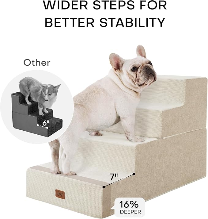 Dog Stairs for High Bed, Dog Steps for Bed Couch Sofa, 35D Foam Extra Wide Pet Steps for Small Dogs and Cats, Pet Stairs with Non-Slip Bottom Beige, 4 Steps