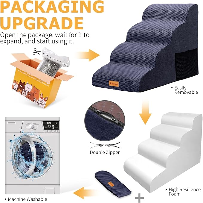 Topmart High Density Foam Dog Steps 4 Tiers,Extra Wide Deep Pet Steps,Non-Slip Dog Stairs Ramp for Bed,Soft Foam Cat Ladder,Best for Older Injured,Older Pets,Cats with Joint Pain