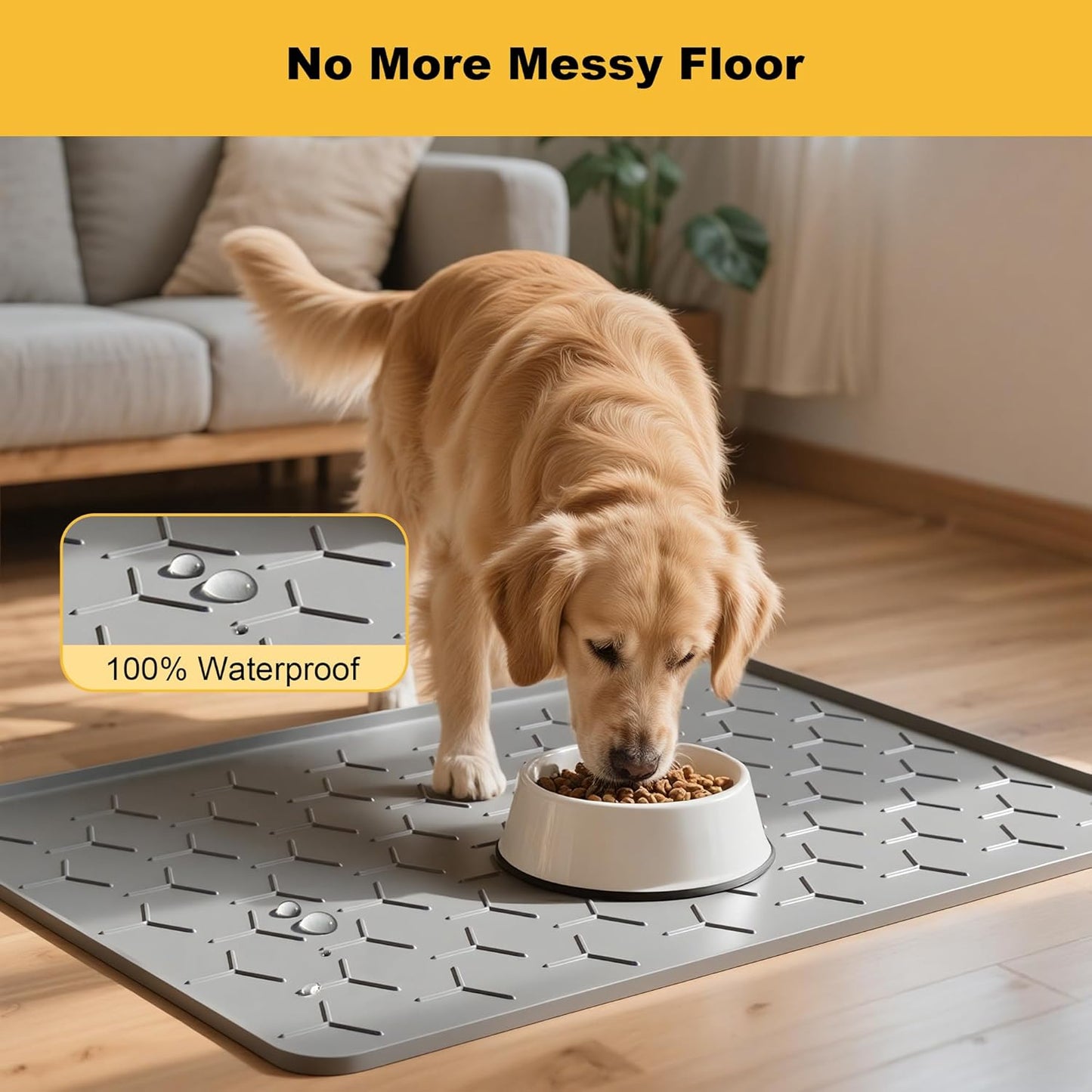 Pieviev Dog Cat Food Bowl Mat, Silicone Waterproof Food Grade Pet Food Mat for Floor, High Raised Edge to Prevent Spills, Non-Slip & Easy Clean Pet Placemat for Dog & Cat Bowls, 34''x22'', Light Gray