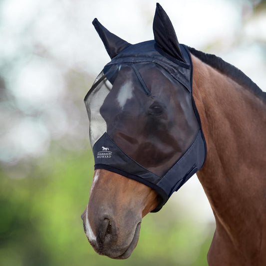 Harrison Howard CareMaster Horse Fly Mask Half Face with Ears Black Medium Cob