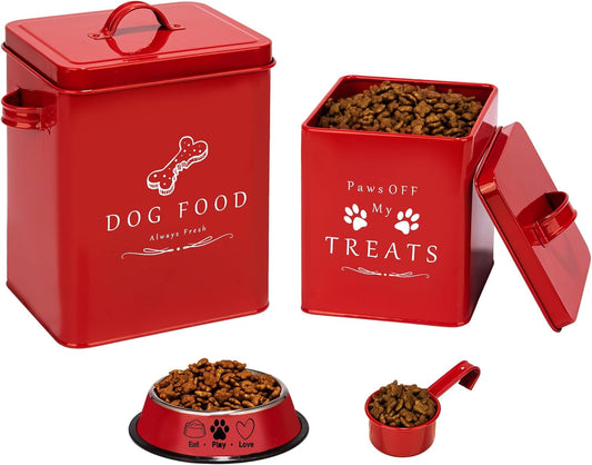 Meraki Home Dog Food Bin & Treats Container - Lateral Handles and Tight Lids - Feed Scoop - Premium Glossy Red Pet Food Bowl -Large Farmhouse Metal Storage Bin - Great Gift for Cute Pets (Glossy Red)