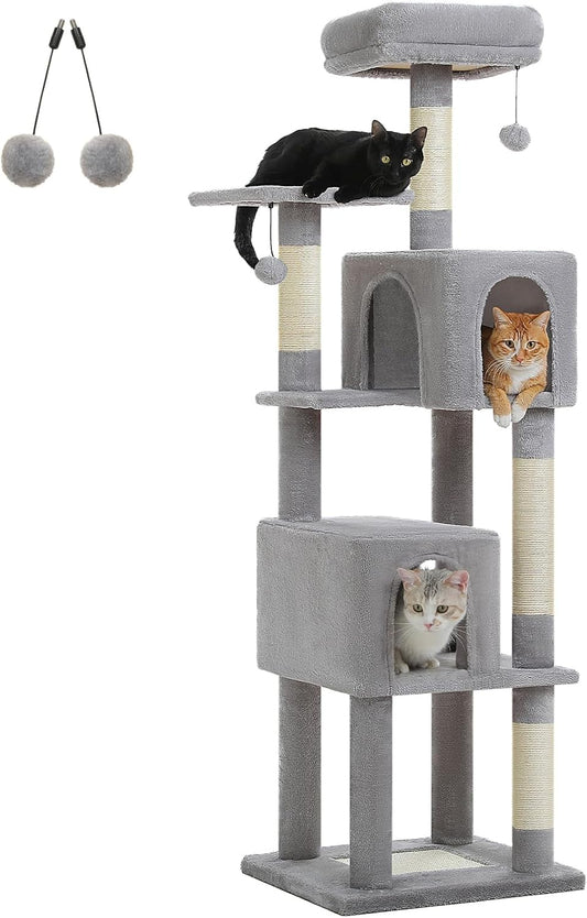 62-Inch Cat Tree for Indoor Cats, Large Cat Tower with Scratching Posts for Large Cats, 2 Bigger Plush Condos, Padded Platform, Soft Cat Bed and Scratching Pad, 2 Pompoms, Gray