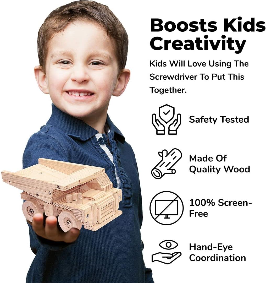 Kraftic Woodworking Building Kit for Kids and Adults, with 3 Educational DIY Carpentry Construction Wood Model Kit Toy Projects for Boys and Girls - Tow Truck, Birdhouse and Dump Truck