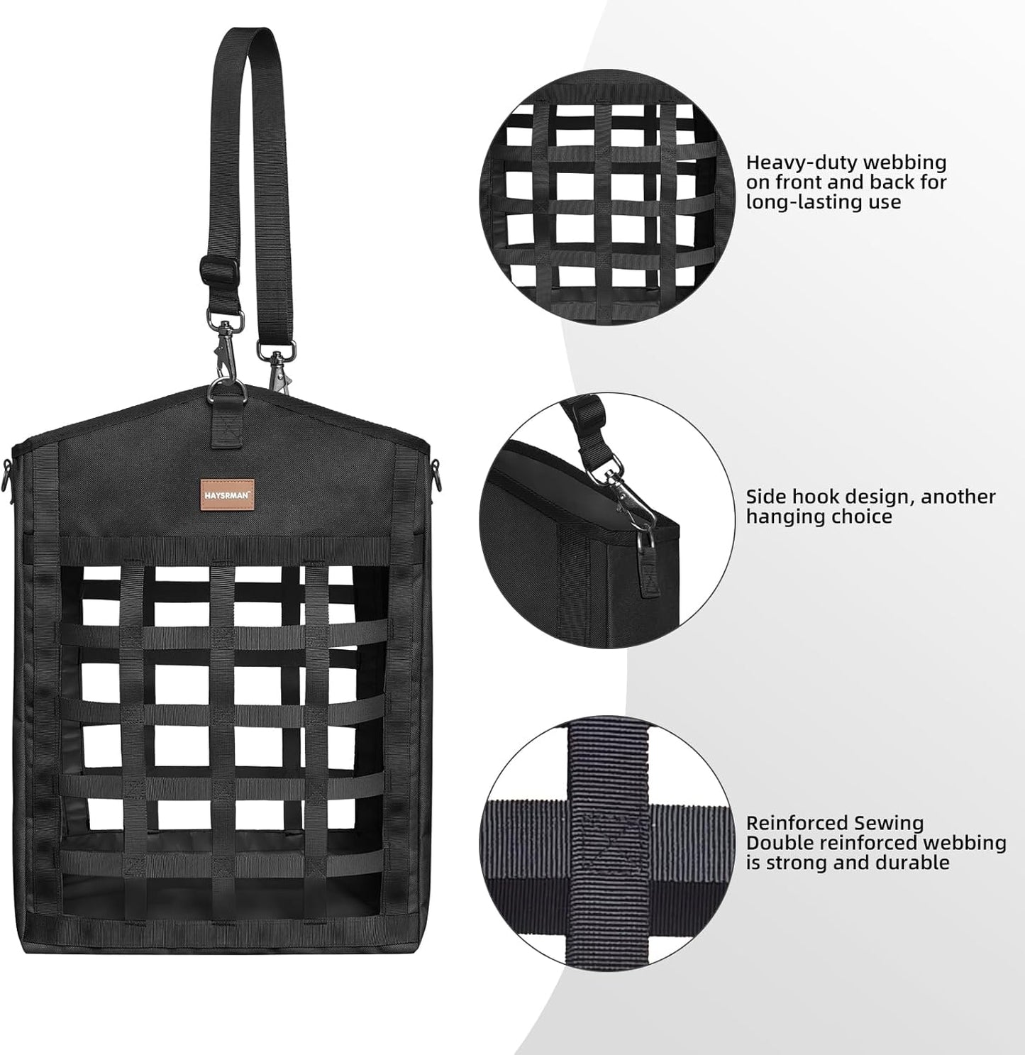 Innovative Hay Bags for Horses, Goat Hay Feeder with Reinforced Oxford Fabric and High Strength Metal Clasp,Horse Feeding Supplies with Adjustable Strap for Easy Hanging (2 Black+1 Purple)