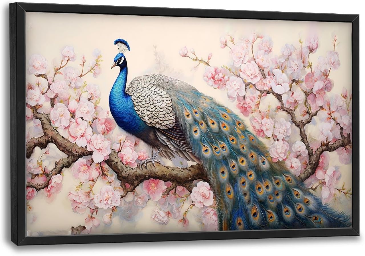 Quorin Peacock Large Wall Art Elegant Peacock Pictures Wall Decor Pink Flower Tree Canvas Print Painting Artwork for Bathroom Living Room Bedroom 36L x 24W