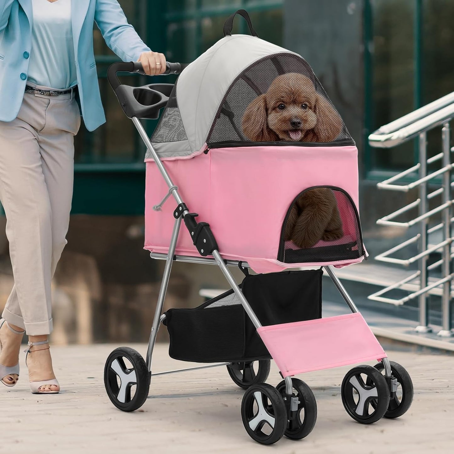 Magshion Foldable Pet Stroller, 3-in-1 Dog Travel Jogger with Detachable Carrier, Cup Holder, Storage Basket, Folding Carrier for Small/Medium Dogs & Cats Up to 33 lbs, Pink