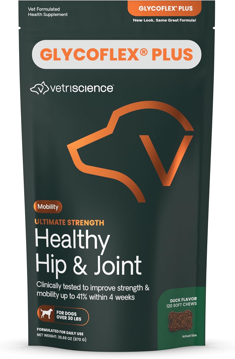 VetriScience Ultimate Strength Healthy Hip & Joint Chews, GlycoFlex Glucosamine, Chondroitin and Green-Lipped Mussel Joint Support Supplement for Dogs, Soothe Joint Discomfort, Duck, 120 Count